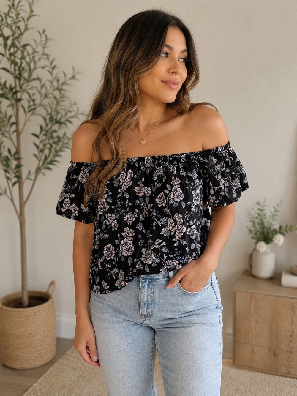 American Eagle Outfitters Black Floral Off-Shoulder Top